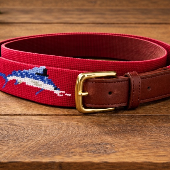 Tucker Blair Other - Tucker Blair Red Belt with Dolphin Motif- men’s belt solid brass